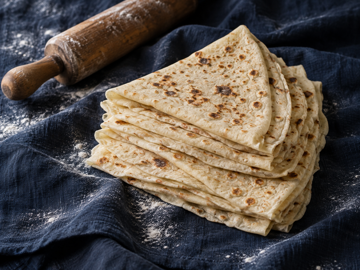 Handmade lefse folded on a linen cloth beside a wooden rolling pin